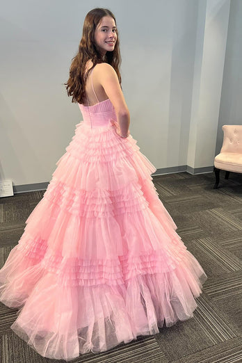 Light Pink A Line One Shoulder Tiered Long Tulle Prom Dress