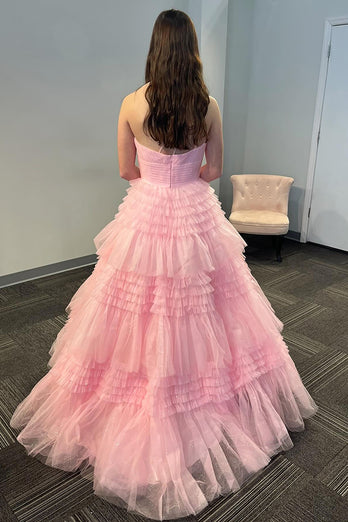 Light Pink A Line One Shoulder Tiered Long Tulle Prom Dress