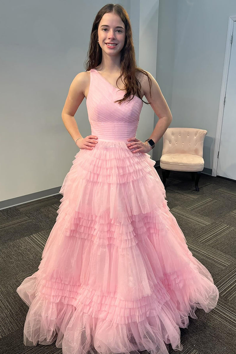 Load image into Gallery viewer, Light Pink A Line One Shoulder Tiered Long Tulle Prom Dress