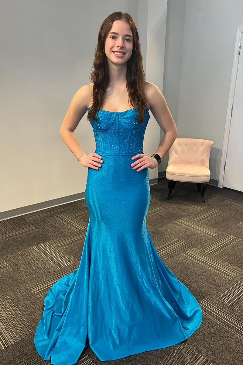 Load image into Gallery viewer, Sparkly Blue Beaded Corset Strapless Long Satin Prom Dress