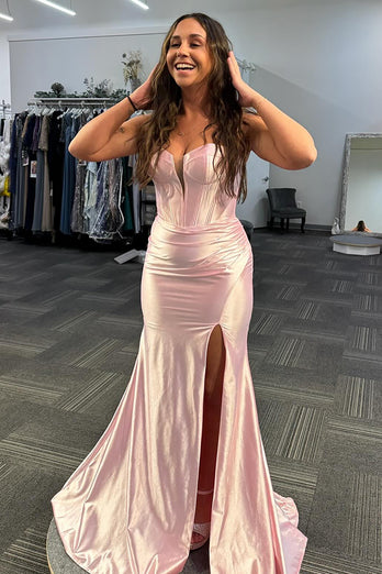 Light Pink Sweetheart Satin Long Corset Prom Dress with Slit