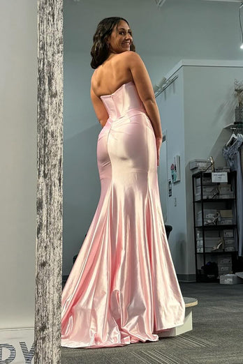 Light Pink Sweetheart Satin Long Corset Prom Dress with Slit