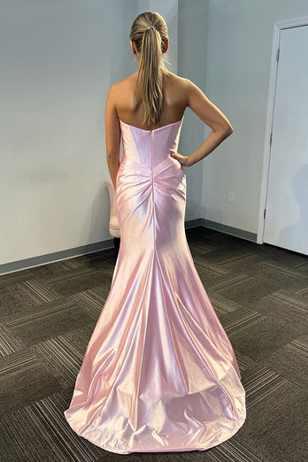 Light Pink Sweetheart Satin Long Corset Prom Dress with Slit