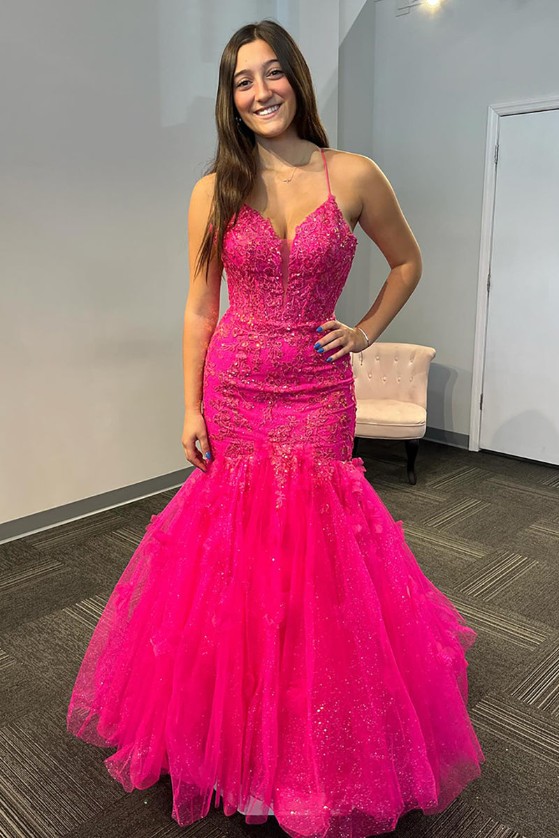 Load image into Gallery viewer, Sparkly Fuchsia Appliqued Spaghetti Straps Long Corset Prom Dress