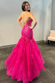 Sparkly Fuchsia Appliqued Spaghetti Straps Long Corset Prom Dress