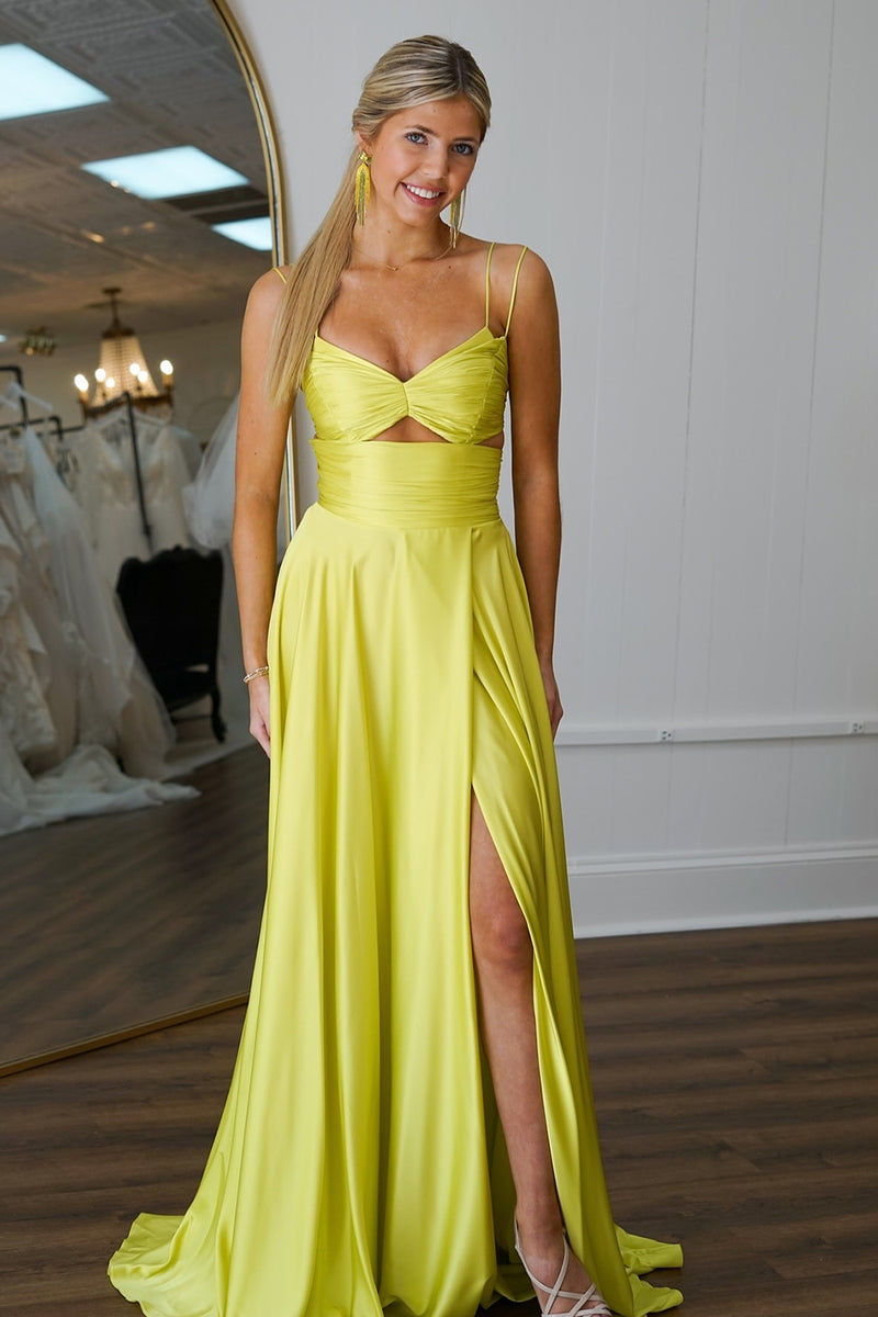 Load image into Gallery viewer, Yellow A Line Spaghetti Straps Long Prom Dress with Slit