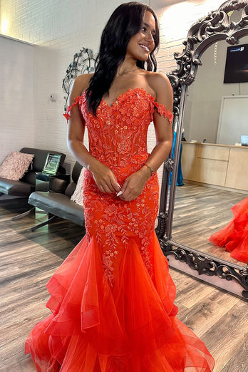 Sparkly Orange Corset Floral Long Prom Dress