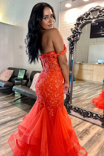 Sparkly Orange Corset Floral Long Prom Dress