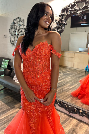 Sparkly Orange Corset Floral Long Prom Dress