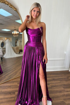 Metallic Dark Purple Corset Strapless Long Prom Dress with Slit