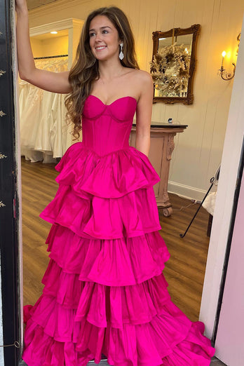 Fuchsia A Line Corset Tiered Long Satin Prom Dress