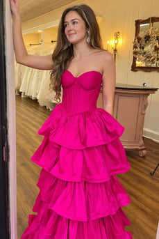 Fuchsia A Line Corset Tiered Long Satin Prom Dress