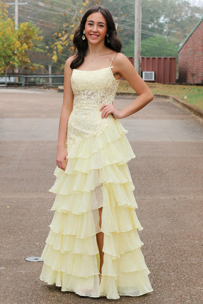 Yellow Mermaid Tiered Appliqued Long Prom Dress with Slit