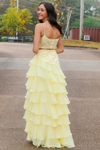 Yellow Mermaid Tiered Appliqued Long Prom Dress with Slit