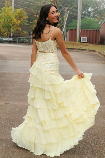 Yellow Mermaid Tiered Appliqued Long Prom Dress with Slit