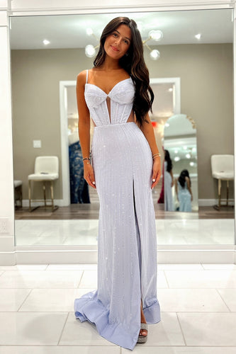 Sparkly Lilac Corset Beaded Long Prom Dress with Slit