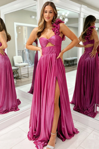 Fuchsia Metallic One Shoulder Long Prom Dress with Slit