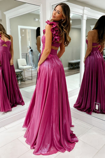 Fuchsia Metallic One Shoulder Long Prom Dress with Slit