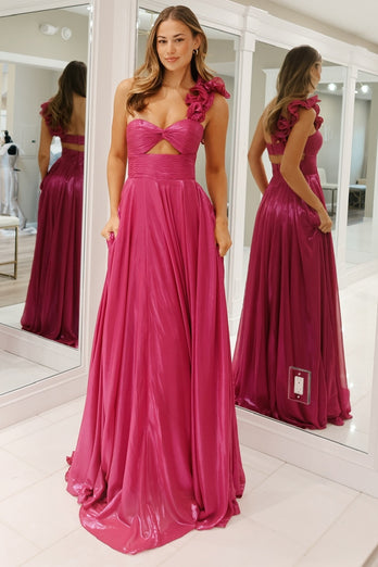 Fuchsia Metallic One Shoulder Long Prom Dress with Slit