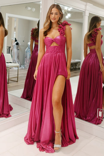 Fuchsia Metallic One Shoulder Long Prom Dress with Slit