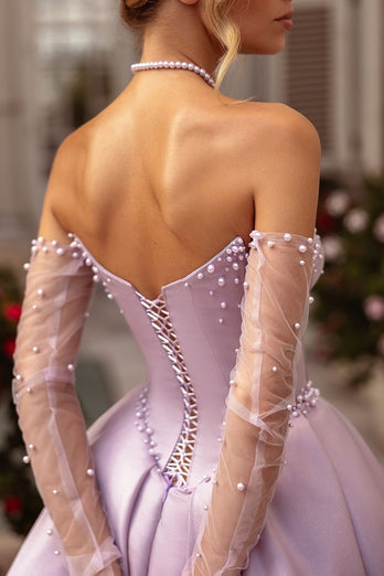 Princess Lilac Corset Pearl Long Prom Dress with Slit