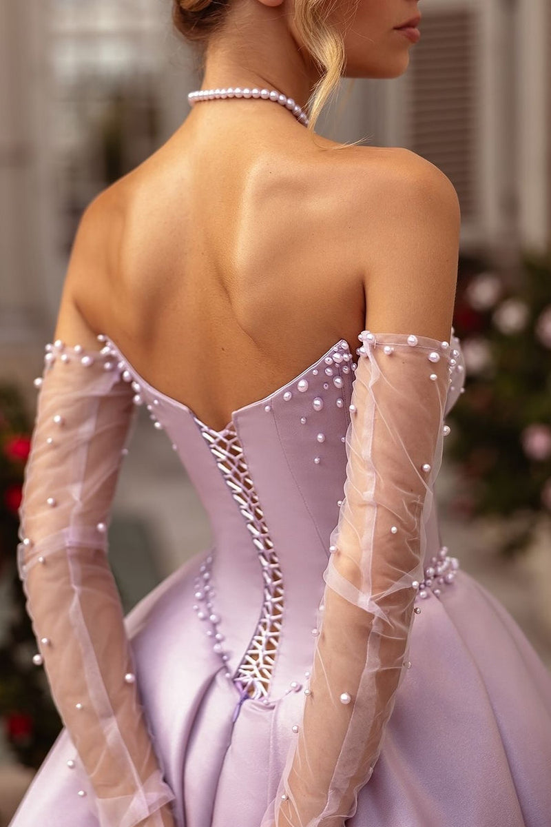 Load image into Gallery viewer, Princess Lilac Corset Pearl Long Prom Dress with Slit