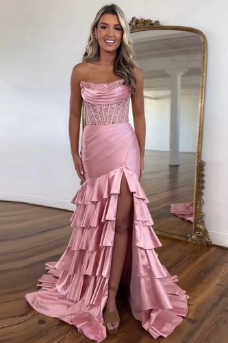 Sparkly Blush Corset Tiered Long Prom Dress with Slit