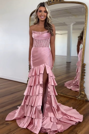 Sparkly Blush Corset Tiered Long Prom Dress with Slit