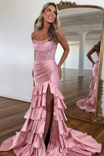 Sparkly Blush Corset Tiered Long Prom Dress with Slit