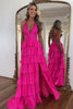 Load image into Gallery viewer, Sparkly Fuchsia Beaded A Line Long Prom Dress with Slit