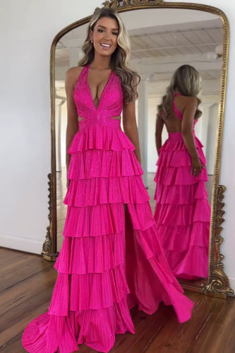 Sparkly Fuchsia Beaded A Line Long Prom Dress with Slit