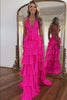 Load image into Gallery viewer, Sparkly Fuchsia Beaded A Line Long Prom Dress with Slit