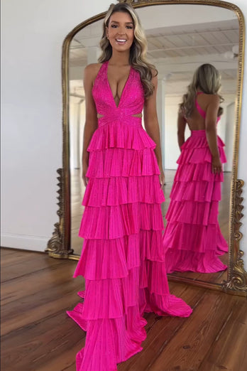 Sparkly Fuchsia Beaded A Line Long Prom Dress with Slit