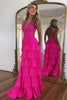 Load image into Gallery viewer, Sparkly Fuchsia Beaded A Line Long Prom Dress with Slit