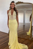 Load image into Gallery viewer, Yellow Corset Appliqued Halter Mermaid Long Prom Dress