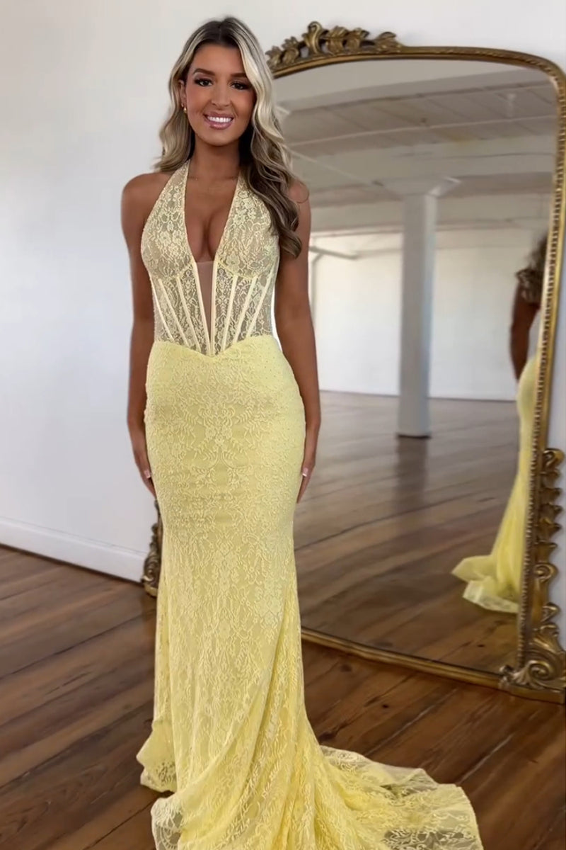 Load image into Gallery viewer, Yellow Corset Appliqued Halter Mermaid Long Prom Dress