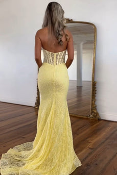 Yellow Corset Appliqued Halter Mermaid Long Prom Dress