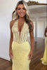 Load image into Gallery viewer, Yellow Corset Appliqued Halter Mermaid Long Prom Dress