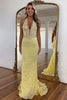 Load image into Gallery viewer, Yellow Corset Appliqued Halter Mermaid Long Prom Dress