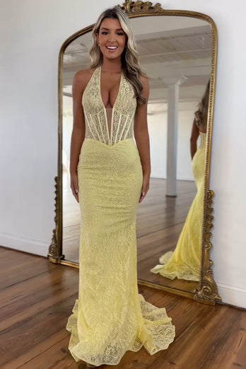 Yellow Corset Appliqued Halter Mermaid Long Prom Dress