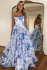 Load image into Gallery viewer, White Blue Flower Corset A Line Tiered Long Prom Dress