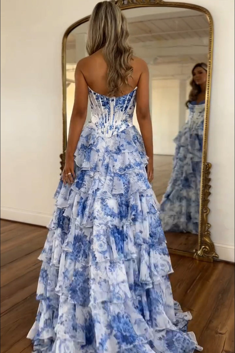 Load image into Gallery viewer, White Blue Flower Corset A Line Tiered Long Prom Dress