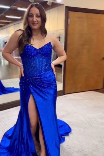 Sparkly Royal Blue Corset Beaded Long Prom Dress with Slit