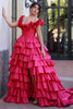 Load image into Gallery viewer, Fuchsia Corset Off The Shoulder A Line Long Prom Dress with Ruffle Slit