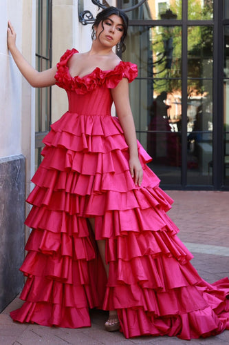 Fuchsia Corset Off The Shoulder A Line Long Prom Dress with Ruffle Slit