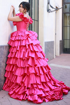 Fuchsia Corset Off The Shoulder A Line Long Prom Dress with Ruffle Slit