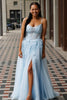 Load image into Gallery viewer, Light Blue Corset Spaghetti Straps Appliqued Long Prom Dress with Slit