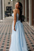 Load image into Gallery viewer, Light Blue Corset Spaghetti Straps Appliqued Long Prom Dress with Slit