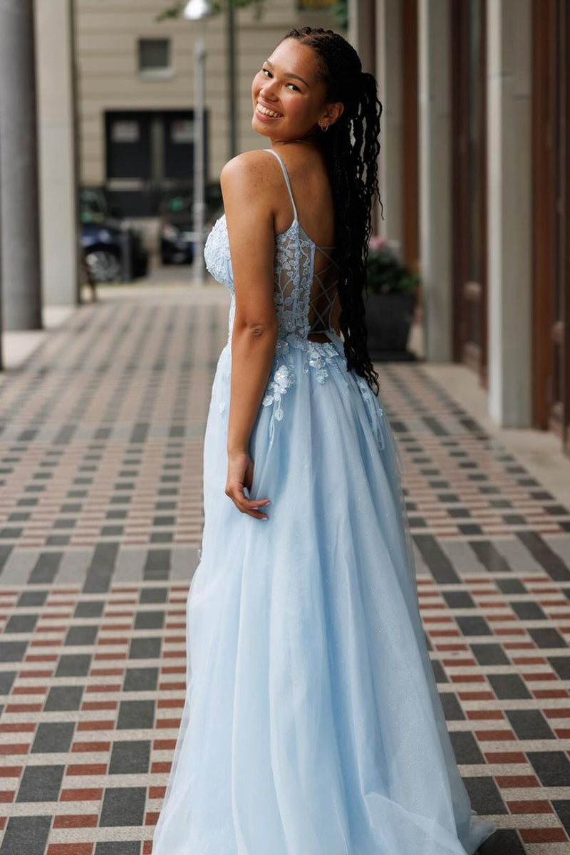 Load image into Gallery viewer, Light Blue Corset Spaghetti Straps Appliqued Long Prom Dress with Slit