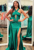 Load image into Gallery viewer, Dark Green Halter Corset Mermaid Long Satin Prom Dress with Slit